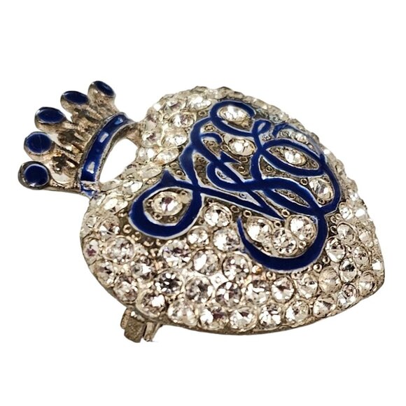Orient Express Crown Heart Clear Rhinestone Blue Enamel Brooch Pin L234 - Picture 4 of 8